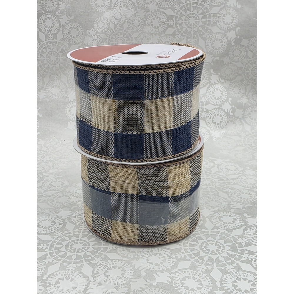 2 Navy Tan Buffalo Plaid Wired Ribbon 2.5"x 20ft Each 100% Polyester Craft Decor